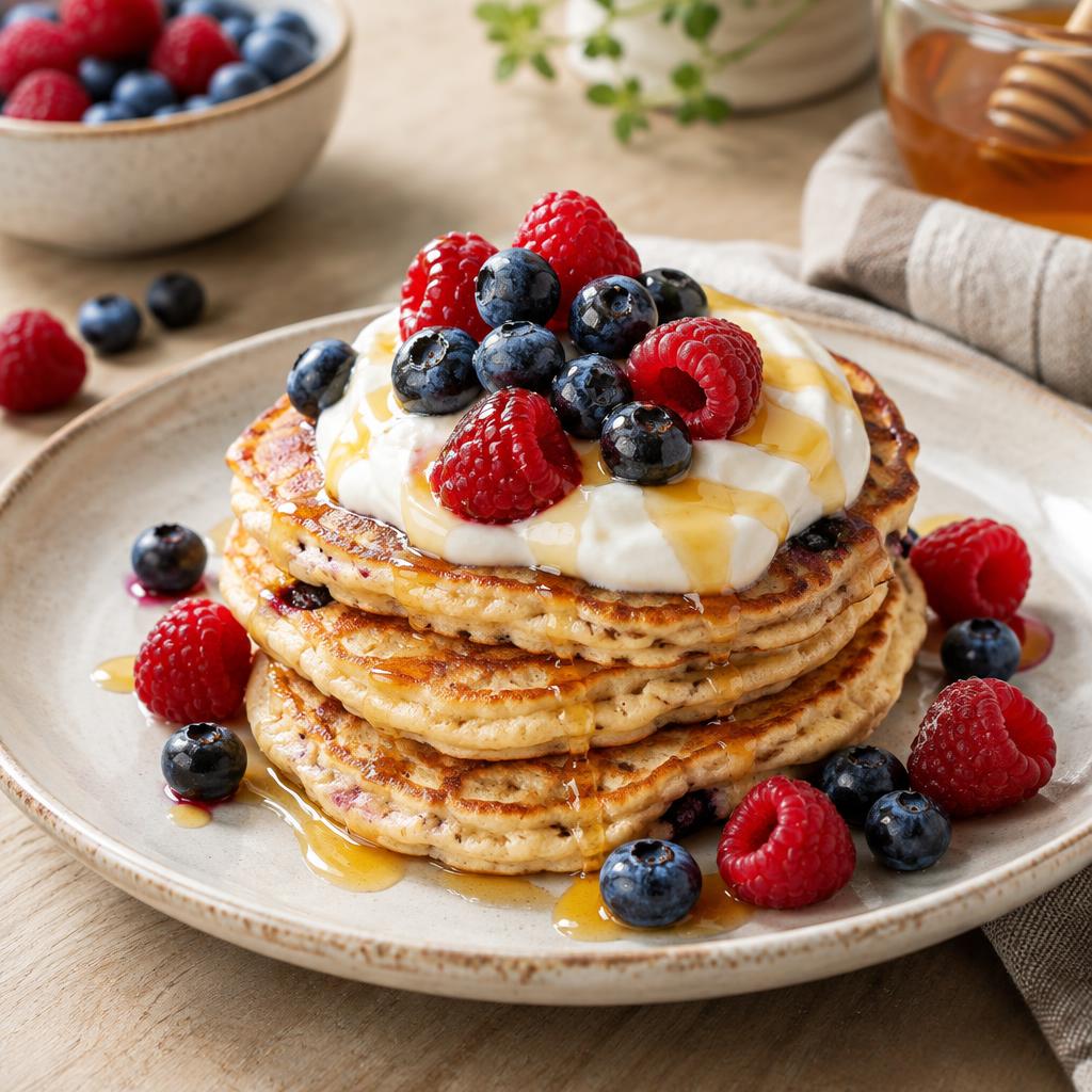 Eiwitrijke pancakes met rood fruit en yoghurt